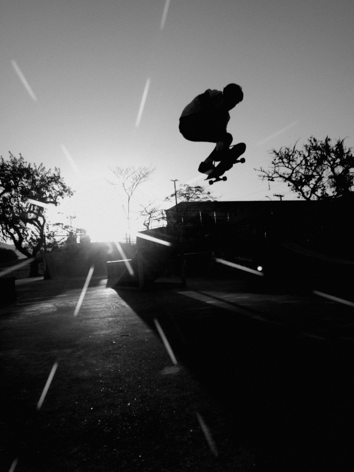 Manobra de skate no ar contra a luz do sol, feita por @mini_feed com o filtro F8 da ALT Special Edition